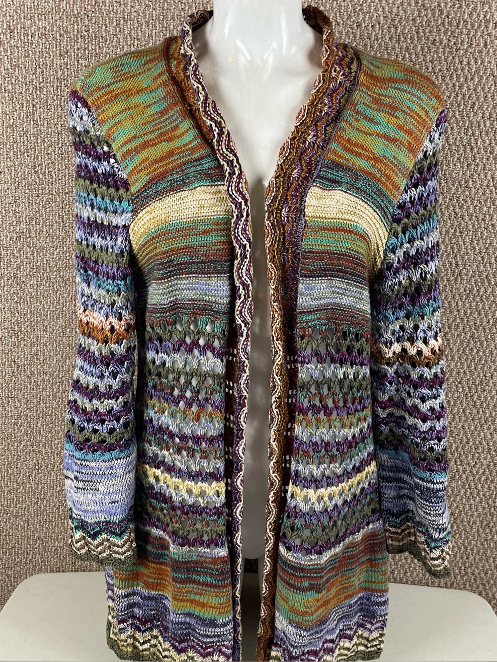 Ali Miles Cardigan Sweater Women’s Large Abstract Open Front Boho Eclectic 389